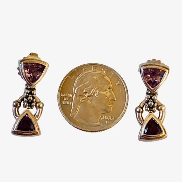 Sterling Silver & Amethyst Vintage Earrings Post Drop Dangle Triangle Shape - Picture 10 of 11